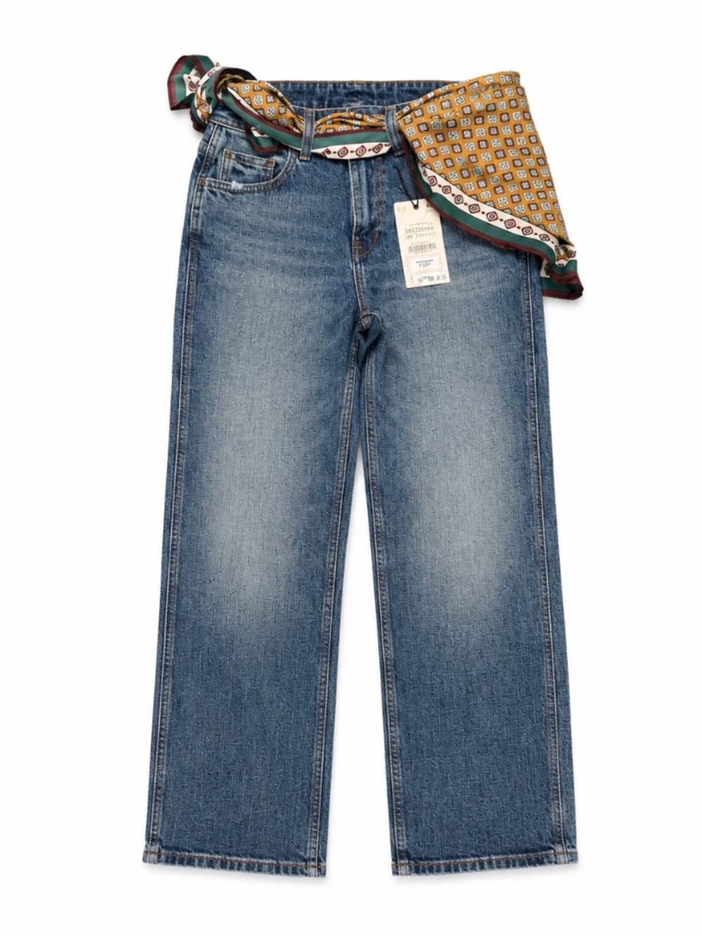 NWOT Zara Blue Boyfriend Jeans with Patterned Scarf Size 2